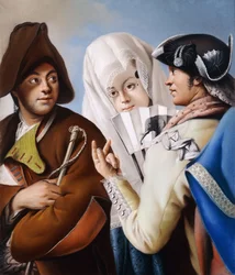 Een heer met een Frygische muts, aangesproken door een heer in een gele jas en zwarte driekante steek, met een dame in een blauwe brokaten jurk en witte mantilla
