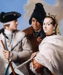 Een heer met een driekantige hoed die een wandelstok vasthoudt, een heer met een zwarte Frygische muts en een jonge vrouw met een schoonheidspleister in een rode jurk