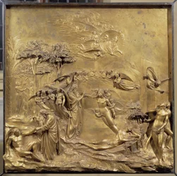 Geschiedenis van Adams leven: de geboorte van Adam, de schepping van Eva en de verdrijving van Adam en Eva uit het Paradijs. Origineel paneel van de Paradijspoort