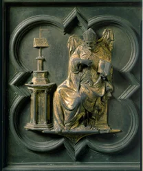 Noordpoort (genaamd Kruispoort, naar het noorden), exterieur detail: Sint Augustinus. Bronzen sculptuur gemaakt door Lorenzo Ghiberti