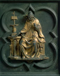 Noordpoort (genoemd Poort van het Kruis, noord), exterieur detail: Sint Gregorius de Grote. Bronzen sculptuur gemaakt door Lorenzo Ghiberti
