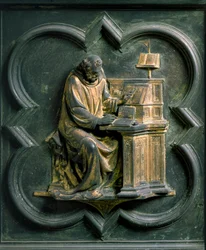 Noordpoort (genoemd Porte de la Croix, in het noorden), exterieur detail: Sint Hiëronymus. Bronzen beeldhouwwerk gemaakt door Lorenzo Ghiberti (1378-1455)
