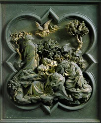 Noordpoort (genoemd Poort van het Kruis, in het noorden), exterieur detail: "Het gebed van Christus in de Hof van Olijven" Bronzen sculptuur gemaakt door Lorenzo Ghiberti