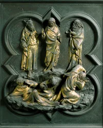 Noordpoort (genoemd Poort van het Kruis, in het noorden), exterieur detail: "De Transfiguratie" Bronzen sculptuur gemaakt door Lorenzo Ghiberti