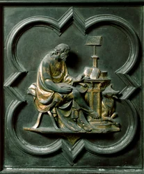 Noordpoort (genaamd Kruispoort, naar het noorden), exterieur detail: Sint Lucas evangelist. Bronzen sculptuur gemaakt door Lorenzo Ghiberti