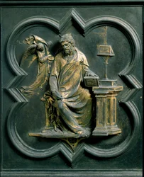 Noordpoort (genoemd Poort van het Kruis, naar het noorden), exterieur detail: Sint Mattheüs. Bronzen sculptuur gemaakt door Lorenzo Ghiberti