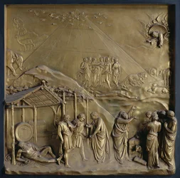 Het verhaal van Noach: de uittocht uit de ark, Noachs dronkenschap en zijn offer aan God, een van tien reliëfpanelen van de Paradijspoort (oostdeuren), 1425-52