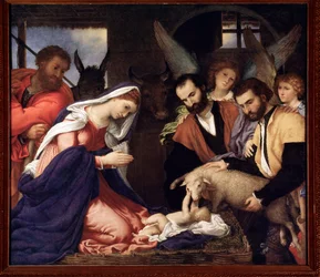Aanbidding der herders. Het kindje Jezus speelt met een schaap.