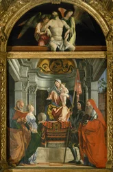 Madonna en heiligen door Lorenzo Lotto