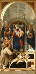 Madonna met Kind en Heiligen Dominic, Gregory en Urban, hoofdtabel van San Domenico Altaarstuk uit Recanati