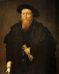 Portret van een oude man met handschoenen
