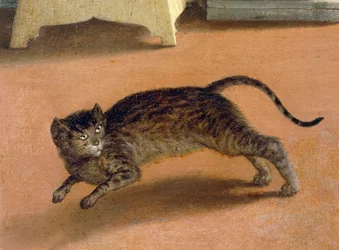 Geschrokken kat, detail van Recanati Annunciatie, ca 1534, door Lorenzo Lotto (1480-1556), olieverf op doek