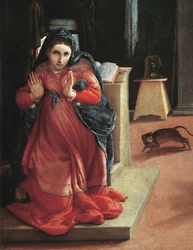 De Annunciatie (detail) Schilderij door Lorenzo Lotto (1480-1556) 1535 Pinacoteca Civica, Recanati, Italië