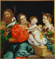 Maagd en kind met de heilige Johannes Baptist en de heilige Catharina van Alexandrië (schilderij op doek)