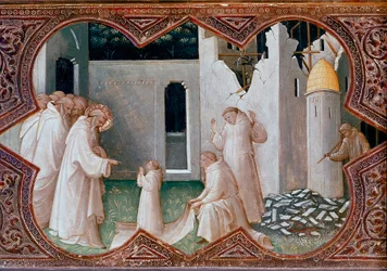Altaarstuk van de kroning van de Maagd: ‘De heilige Benedictus van Nursia wekt een monnik tot leven’. Tempera op hout (1370-1424), 1413. Florence, Galleria degli Uffizi