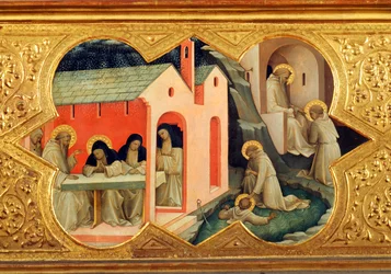 Geschiedenis van St. Bernardino en St. Benedictus, detail van predella van Kroning van de Maagd