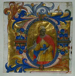 Initiaal D[eus in loco] met een profeet uitgesneden uit een Graduale, 1409-10