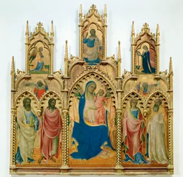 Madonna en kindje Jezus, heiligen; boven: Annunciatie (tempera op hout)
