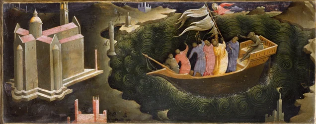 Voorstelling van Sint Nicolaas die de storm kalmeert Nicolaas van Myra (of Nicolaas van Bari) redt een boot van het zinken. Schilderij op hout door Lorenzo Monaco (ca. 1370-ca. 1423/1424) Florence, Galleria dell