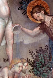 Johannes de Doper doopt de menigte in de Jordaan (detail)