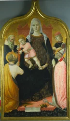 Maagd en Kind, met heiligen Antonius Abt, Marcus, Severino en Sebastian, ca. 1490-96