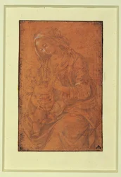 Madonna. Zilveren penpunt, wit gehoogd op zalmroze papier ...