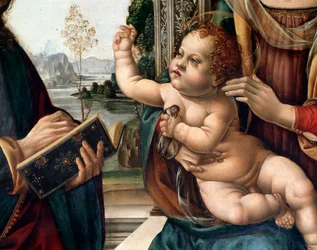 Maagd met kind en twee heiligen, Sint Matteüs en Sint Hiëronymus (detail). Schilderij door Lorenzo di Credi (1459-1537) Florence, kerk Santo Spirito Italië