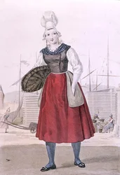 Traditionele kleding van een visverkoper uit Dieppe, gegraveerd door Gatine c.1820