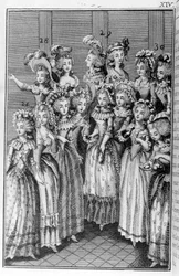 Illustratie van Louis Binet (1744-1800) voor het boek van Nicolas Edme Restif de La Bretonne ‘De Parijse vrouwen, of XL algemene karakterbeelden ontleend aan de hedendaagse zeden, geschikt voor de opvoeding van personen van het vrouwelijk geslacht, uit de