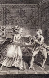 Le billet doux subtilisé (libertinage) - in "Les françaises ou 34 voorbeelden gekozen in de huidige zeden geschikt om dochters, vrouwen, echtgenotes, moeders te leiden" door Restif de La Bretonne (1734-1806), ill. door Binet, Neufchâtel