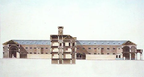 Doorsnede van de nieuwe gevangenis in Brussel, uit Choix des Monuments, Edifices et Maisons les plus remarquables du Royaume des Pays-Bas door Pierre Jacques Goetghebuer, gegraveerd door de auteur, gepubliceerd 1827