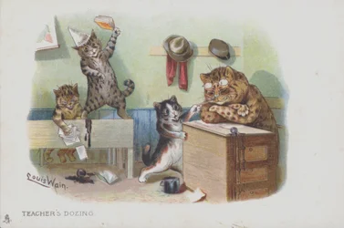 Katten in een klaslokaal: de leraar dut en de leerlingen misdragen zich