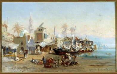 Vissers en moskeeën van de haven van Boulack in Egypte
