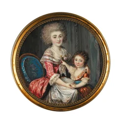 Een jonge dame genaamd Madame de Genlis, omhelst haar jonge zoon