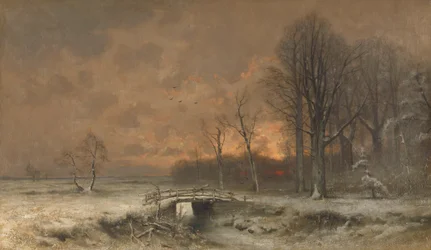 Winters tafereel met de zon die achter de bomen ondergaat