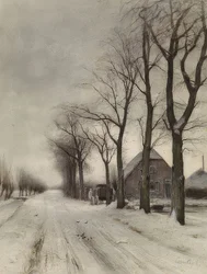 Winterlandschap met boerderij aan een laan