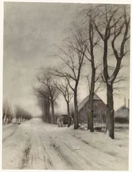 Winterlandschap met boerderij aan een laan