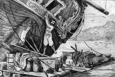 Ik daalde af op mijn vlot en ging toen de zee op... gravure naar de tekening van M. de Sainson voor het boek van Daniel Defoe 