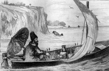 Ik werd door de stroom meegesleurd gravure naar de tekening van M. de Sainson voor het Boek van Daniel Defoe "Robinson Crusoe" Franse editie van 1837