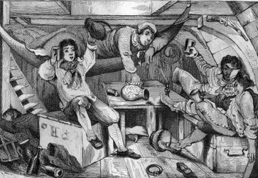 Ik was dronken en in een nacht van losbandigheid verdronk ik al mijn berouw... gravure naar de tekening van M. de Sainson voor het Boek van Daniel Defoe "Robinson Crusoe" Franse editie van 1837
