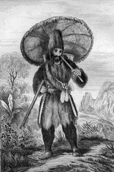 Ik droeg een hoed van een hoogte... gravure naar de tekening van M. de Sainson voor het boek van Daniel Defoe 