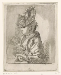 Portret van een jonge dame met hoed in profiel naar links