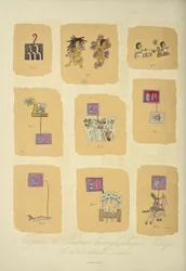 Fragmenten van Azteekse hiërogliefen schilderijen, uit de Codex Telleriano-Remensis, illustratie uit 