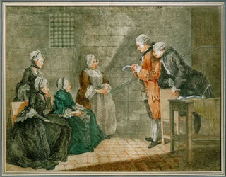 La malheureuse famille Calas - Weduwe en kinderen Calasluisteren in de Conciergerie-gevangenis naar de nietigverklaring van het vonnis tegen de vader ...