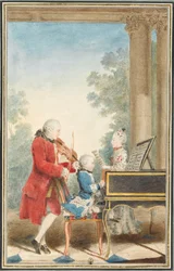 Portret van Wolfgang Amadeus Mozart (Salzburg, 1756-Wenen, 1791) spelend in Parijs met zijn vader Jean-Georg-Léopold en zijn zus Maria-Anna.