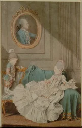 Madame Millin du Perreux en haar zoon, met een geschilderd portret..., ca. 1760