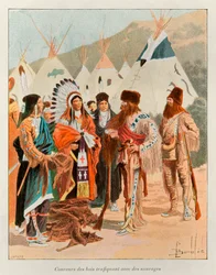 Coureur des bois handelaren met wilden in de 18e eeuw (trapper in Canada); Geschiedenis van Nieuw-Frankrijk door Eugene Guenin - 1900 - Coll, Part.