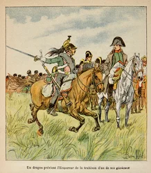 Illustratie van Bombled Louis (1862-1927) door Graaf Emmanuel de Las Cases (1766-1842): een draak waarschuwt de keizer voor het verraad van een van zijn generaals tijdens de Slag bij Waterloo in juni 1815, Privécollectie