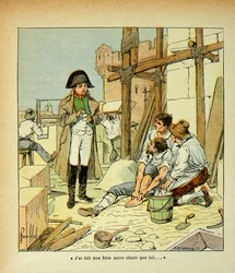 Illustratie van Bombled Louis (1862-1927) uit het boek „Het Memorial van Sint-Helena” van graaf Emmanuel de Las Cases (1766-1842): Op het eiland Elba viel een metselaar die werkzaam was aan de door de keizer bevolen gebouwen. Napoleon probeerde hem te