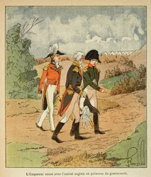 Illustratie van Louis Bombled (1862-1927) uit het boek “Het gedenkschrift van Sint-Helena” van graaf Emmanuel de Las Cases (1766-1842): Gesprek tussen Napoleon, gouverneur Hudson Mowe en de Engelse admiraal Cockburn in augustus 1816 op Sint-Helena
